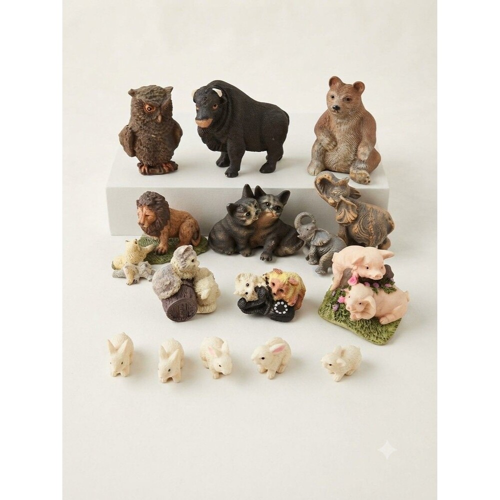 Vintage Mini Ceramic Animal Figurines Lot 15pc Assorted Cats Rabbits Elephant